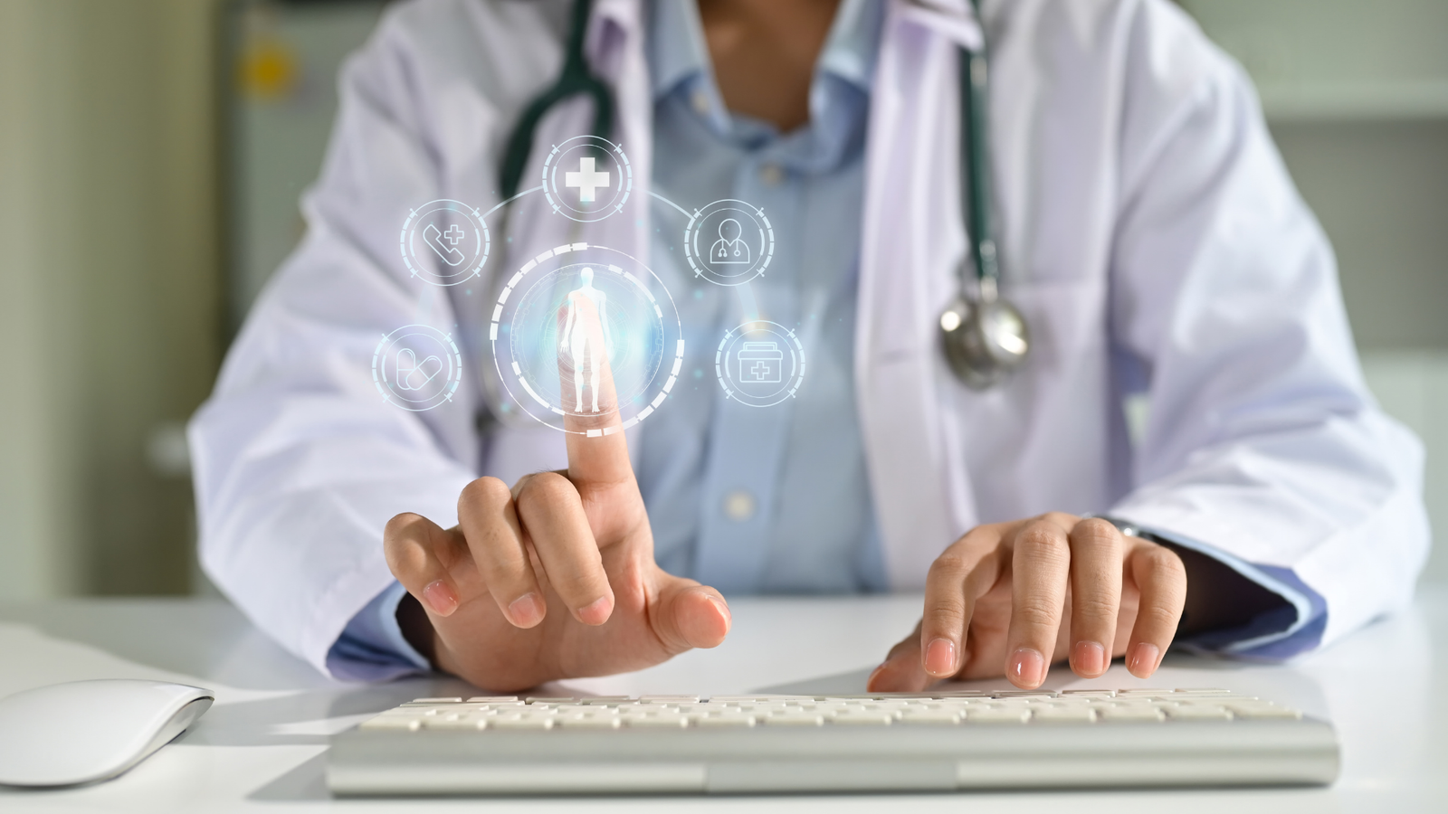 Doctor in a white coat with stethoscope selecting icons on a futuristic digital screen during a clinical trial screening visit.