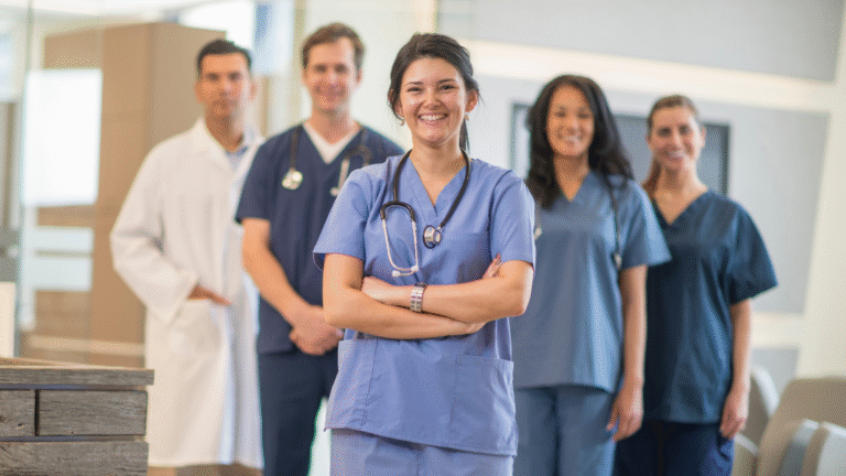 Group of smiling healthcare professionals in scrubs standing together in a clinic hallway